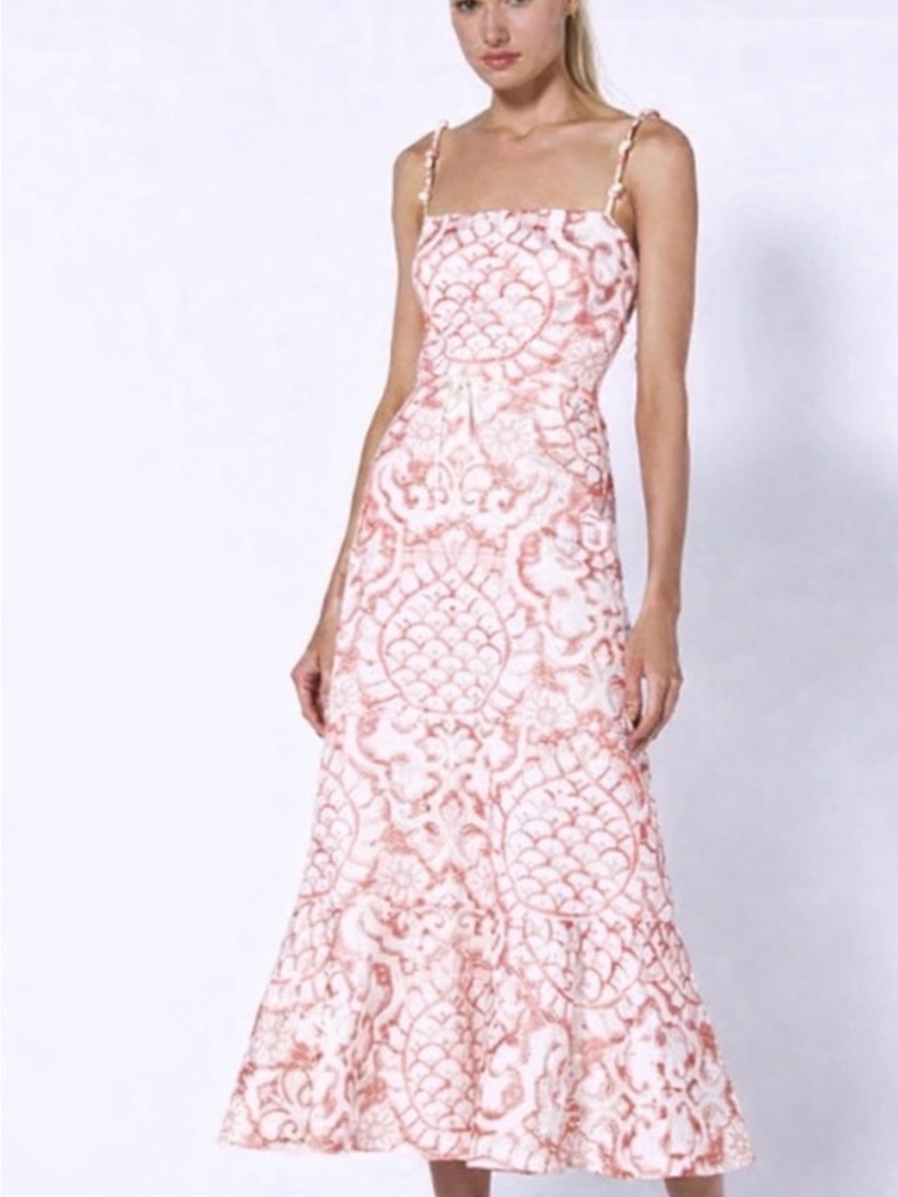 Alexis Pink & White Patterned Midi Dress with Spaghetti Straps